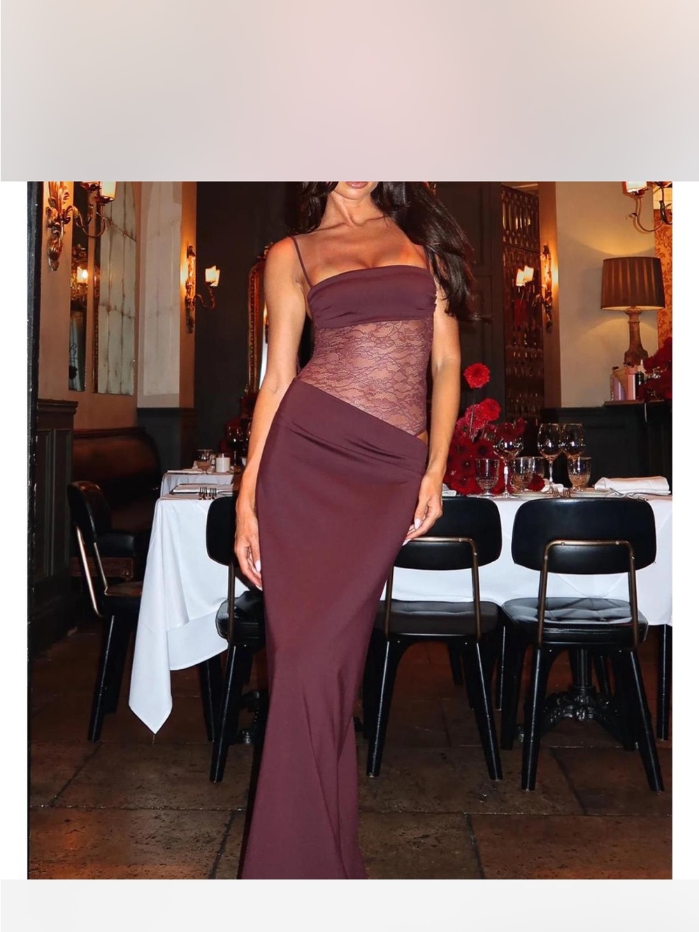 White Fox Boutique Burgundy Lace-Panel Strap Gown